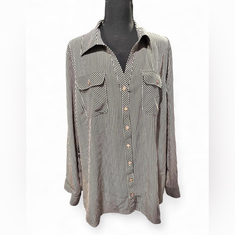 Studio Works Striped Brown and Tan Women's Button Down Top Size 2X